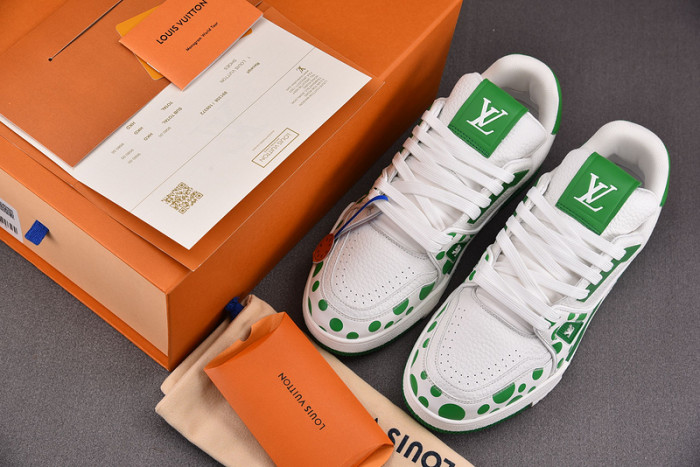 l&v x yayoi kusama trainer white green