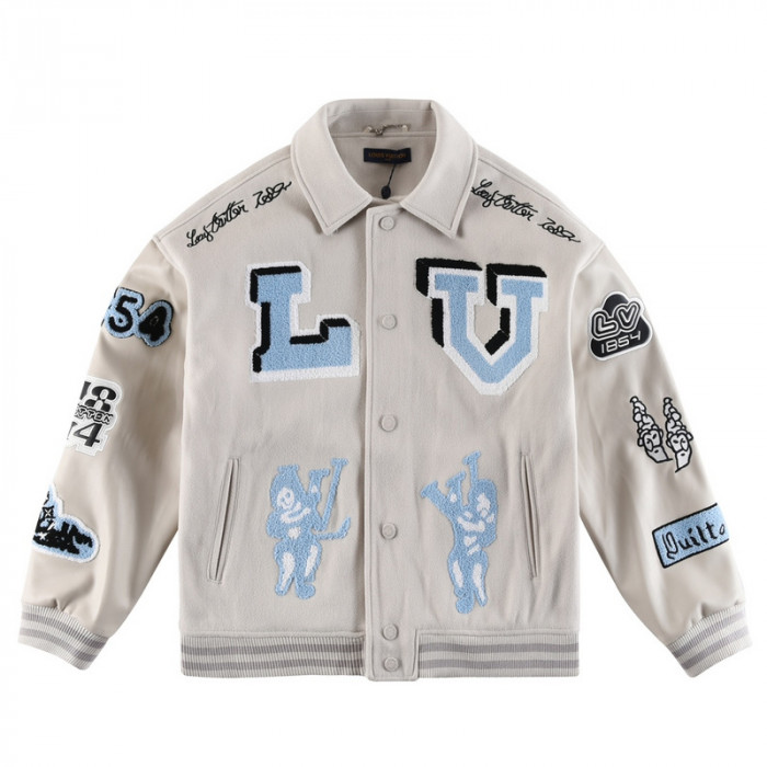 l**is V*t*n multi-patches mixed leather varsity blouson milky white